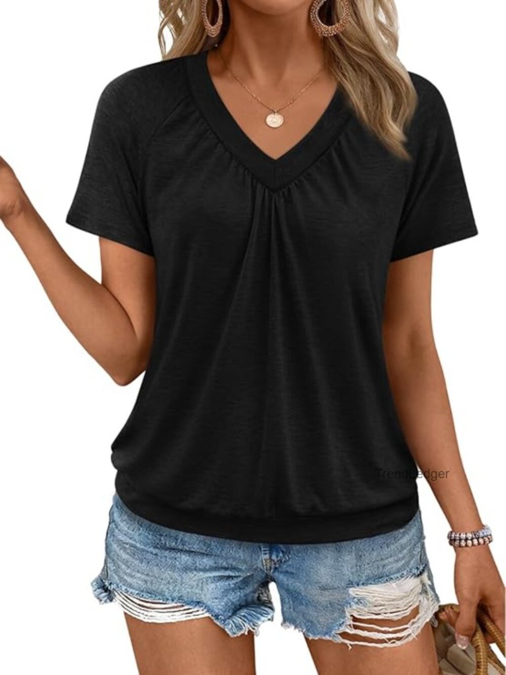 Loose Fit V-Neck Ruched T-Shirt Short Sleeve Summer Casual Top
